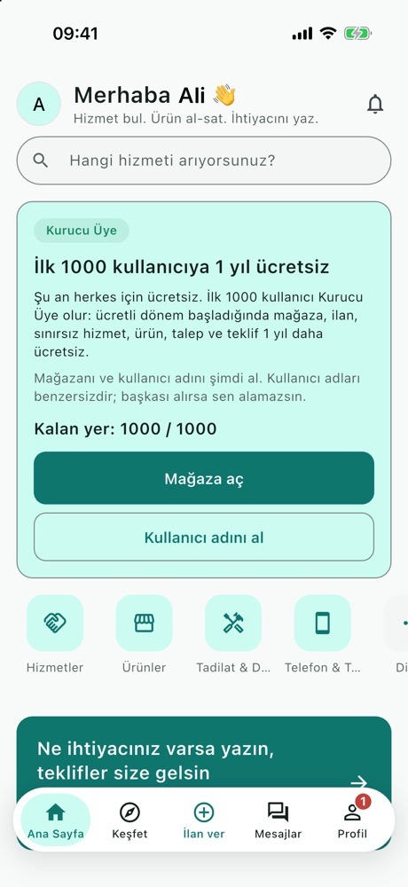 Ana sayfa: selamlama, arama kutusu, kategoriler ve alt çubuk