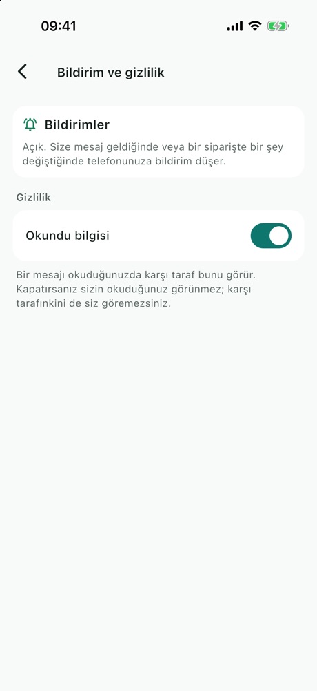 Bildirim ve gizlilik ekranı: bildirimler açık, Okundu bilgisi anahtarı