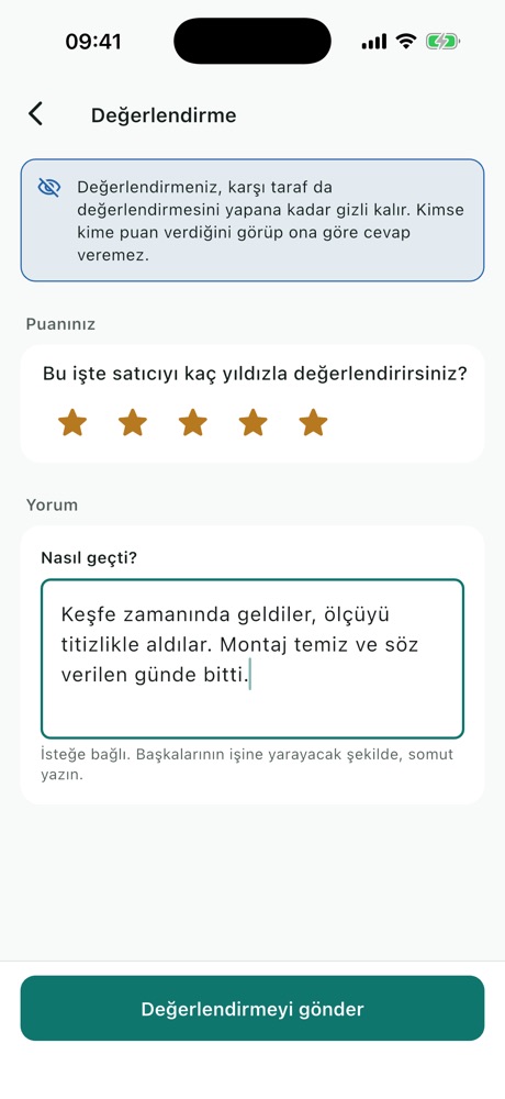 Değerlendirme ekranı: gizlilik uyarısı, beş yıldız ve yorum