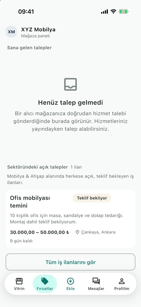 Fırsatlar ekranı: Sana gelen talepler ve Sektöründeki açık talepler