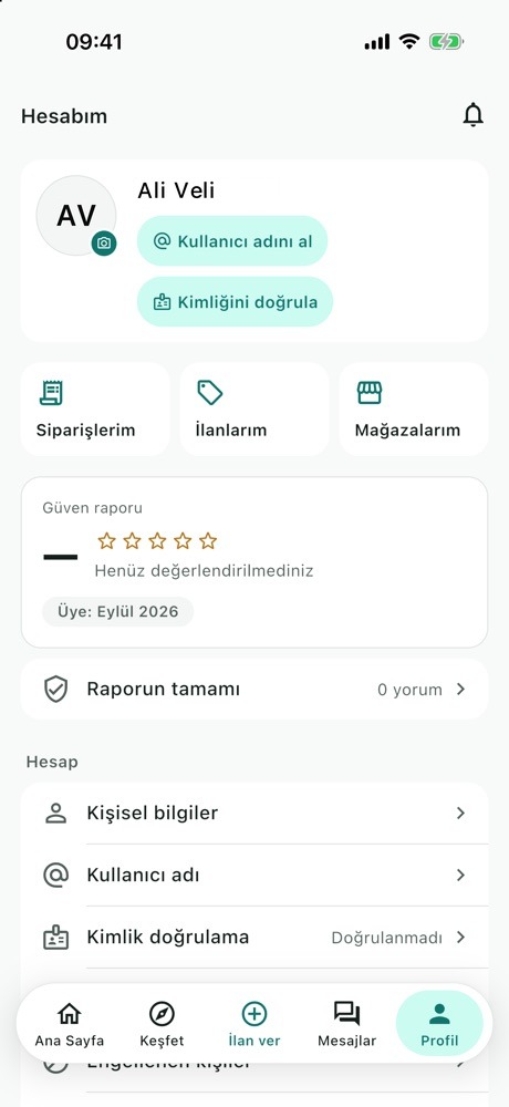 Hesabım ekranı: Kullanıcı adını al ve Kimliğini doğrula düğmeleri, güven raporu
