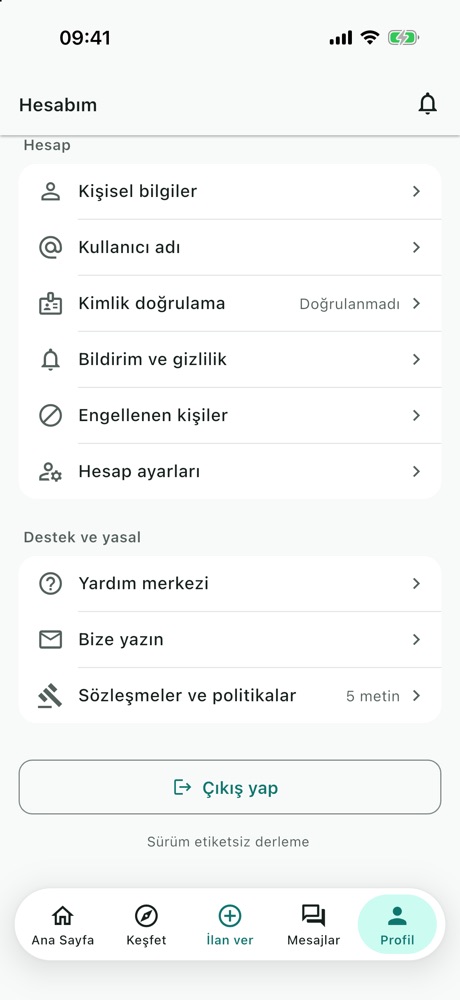 Hesap menüsü: Kişisel bilgiler, Kullanıcı adı, Kimlik doğrulama, Bildirim ve gizlilik, Engellenen kişiler, Hesap ayarları