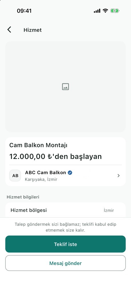 Hizmet sayfası: Cam Balkon Montajı, 12.000 TL’den başlayan, mağaza kartı, Teklif iste ve Mesaj gönder düğmeleri