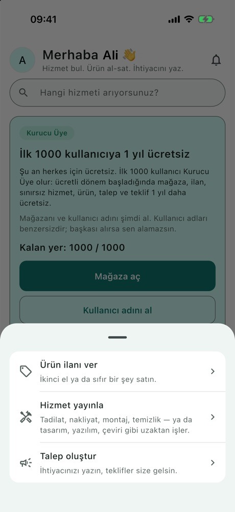 İlan ver sayfası: Ürün ilanı ver, Hizmet yayınla, Talep oluştur seçenekleri