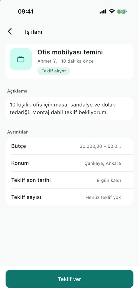 İş ilanı ekranı: Ofis mobilyası temini, bütçe, konum, son tarih ve Teklif ver