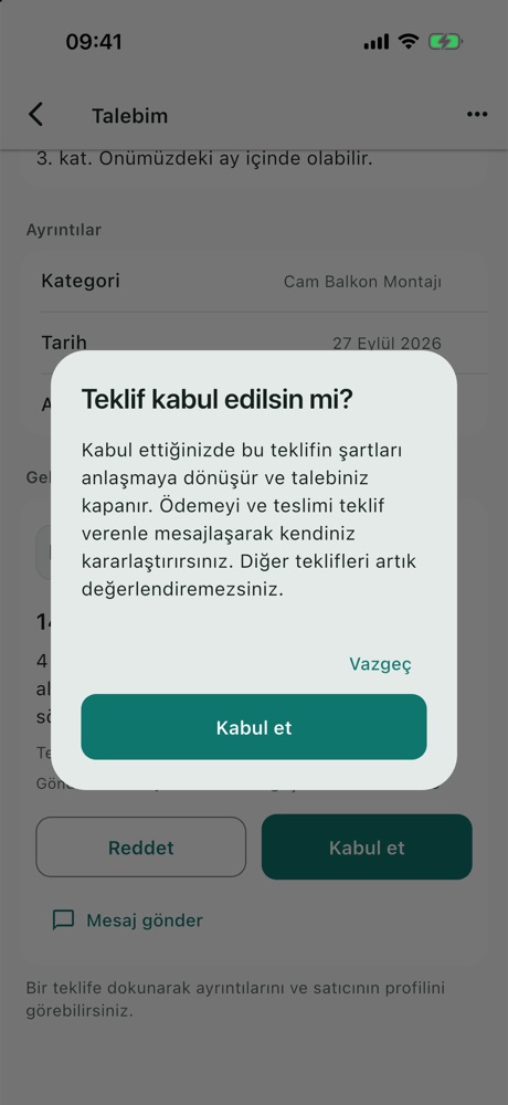 Teklif kabul edilsin mi? onay penceresi