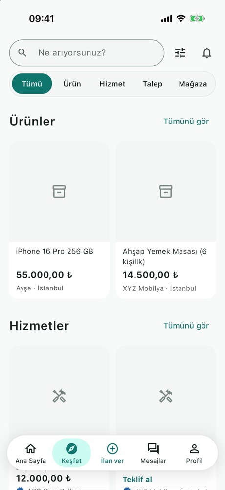 Keşfet ekranı: arama kutusu, Tümü/Ürün/Hizmet/Talep/Mağaza anahtarı ve ürün kartları