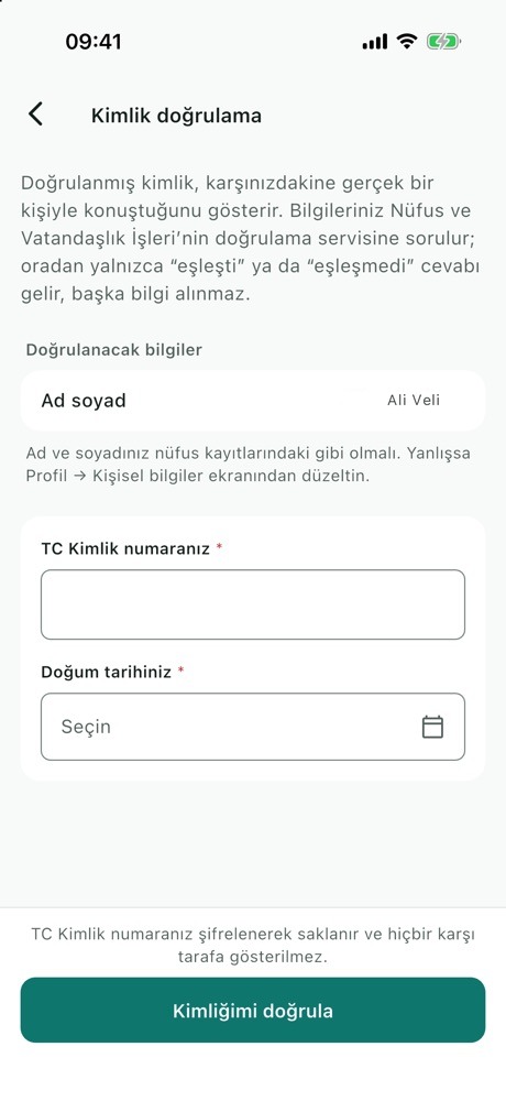 Kimlik doğrulama ekranı: Ad soyad, TC Kimlik numaranız, Doğum tarihiniz ve Kimliğimi doğrula