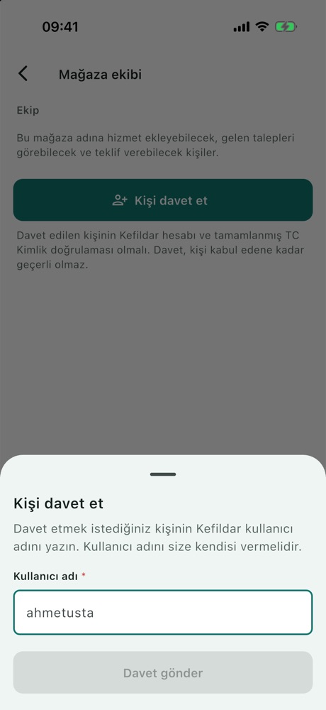 Kişi davet et sayfası: Kullanıcı adı alanı ve Davet gönder