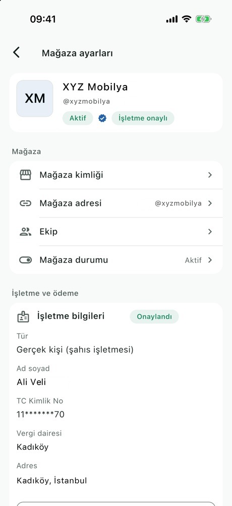 Mağaza ayarları: Mağaza kimliği, Mağaza adresi, Ekip, Mağaza durumu ve onaylı işletme bilgileri