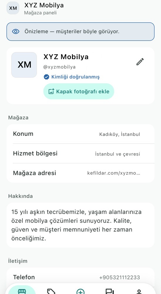 Mağaza paneli Vitrin: Önizleme, mağaza adı, Kimliği doğrulanmış rozeti, konum ve hakkında