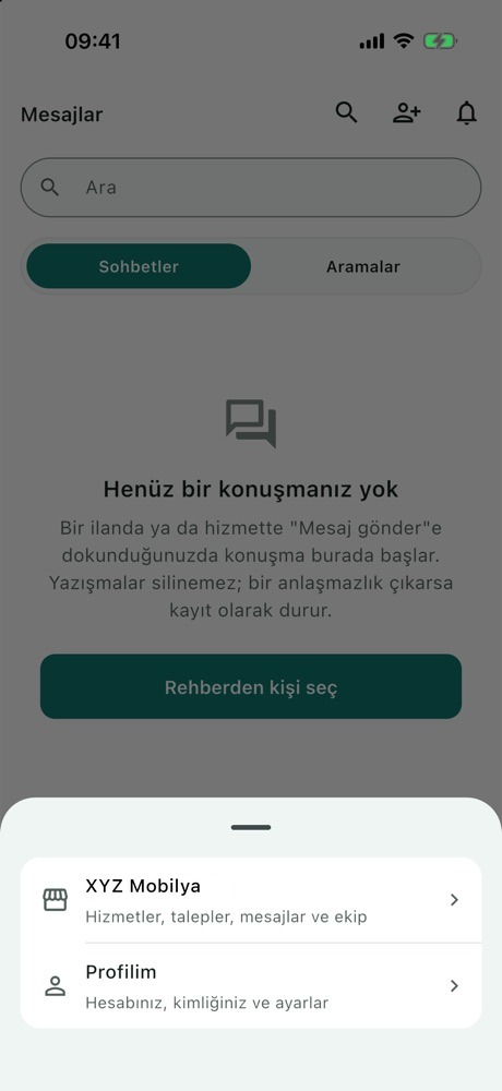 Profil sekmesinde mağaza ve Profilim seçimi
