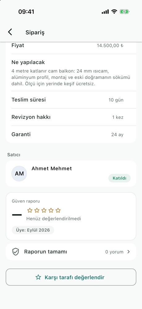 Sipariş ekranı: satıcı kartı, güven raporu ve Karşı tarafı değerlendir düğmesi