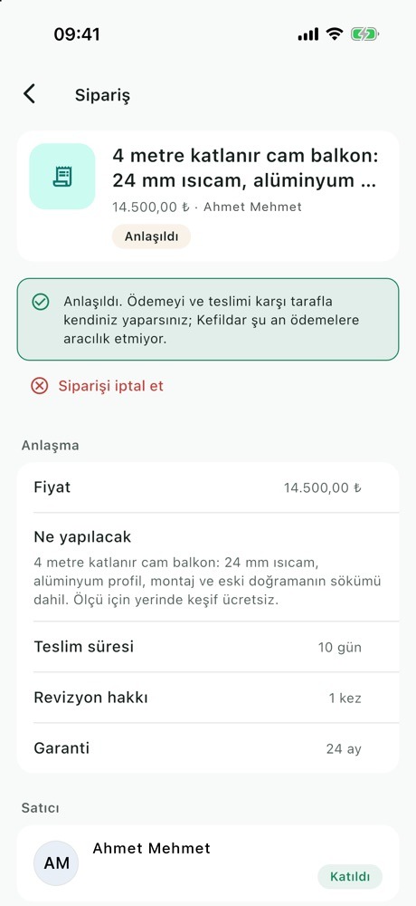 Sipariş ekranı: Anlaşıldı durumu, ödeme uyarısı, Siparişi iptal et ve anlaşma şartları