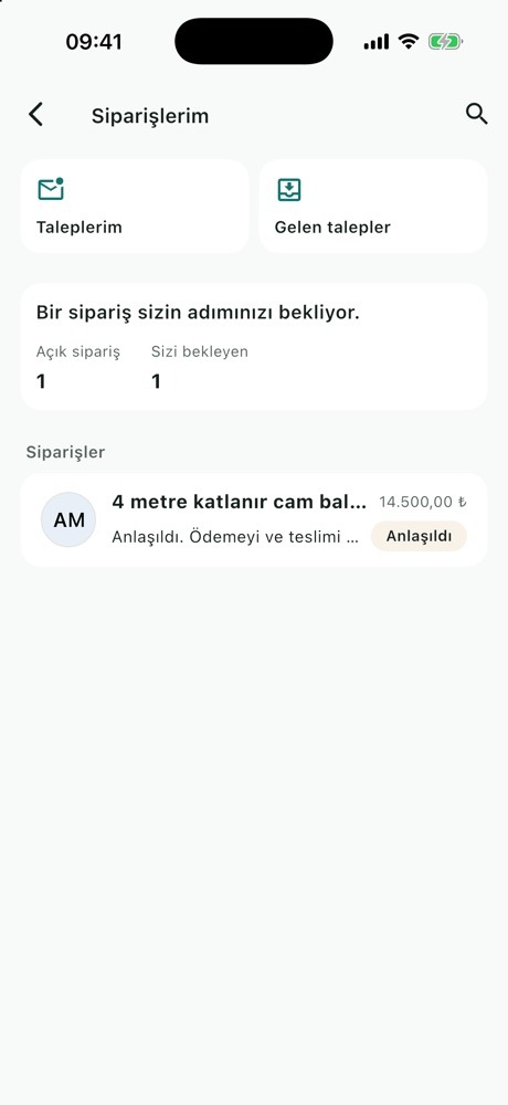 Siparişlerim ekranı: Taleplerim, Gelen talepler, sayaçlar ve Anlaşıldı durumundaki sipariş