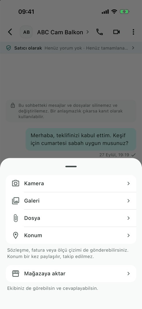 Sohbet ek menüsü: Kamera, Galeri, Dosya, Konum ve Mağazaya aktar