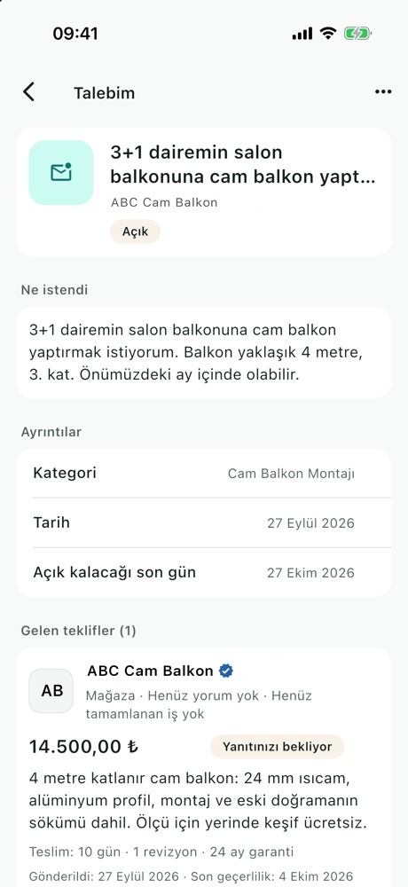 Talebim ekranı: talep metni, ayrıntılar ve gelen teklif kartı