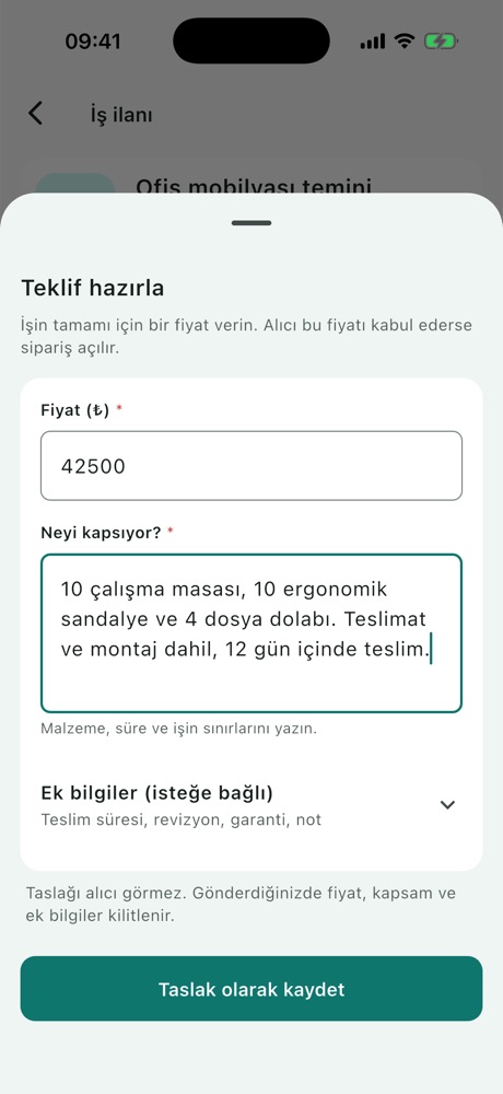 Teklif hazırla formu: Fiyat, Neyi kapsıyor? ve Ek bilgiler