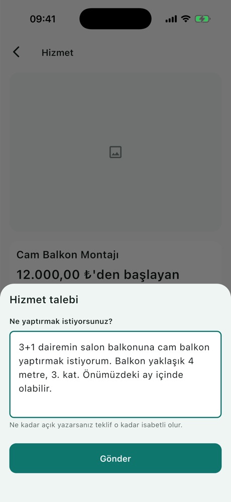 Hizmet talebi formu: Ne yaptırmak istiyorsunuz? alanı ve Gönder düğmesi