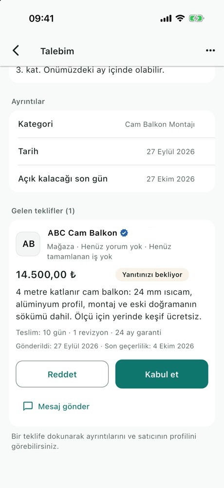 Teklif kartı: 14.500 TL, kapsam, teslim 10 gün, 24 ay garanti, Reddet, Kabul et ve Mesaj gönder
