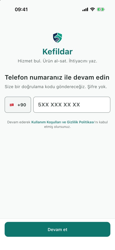Telefon numarası giriş ekranı, +90 ülke kodu ve Devam et düğmesi
