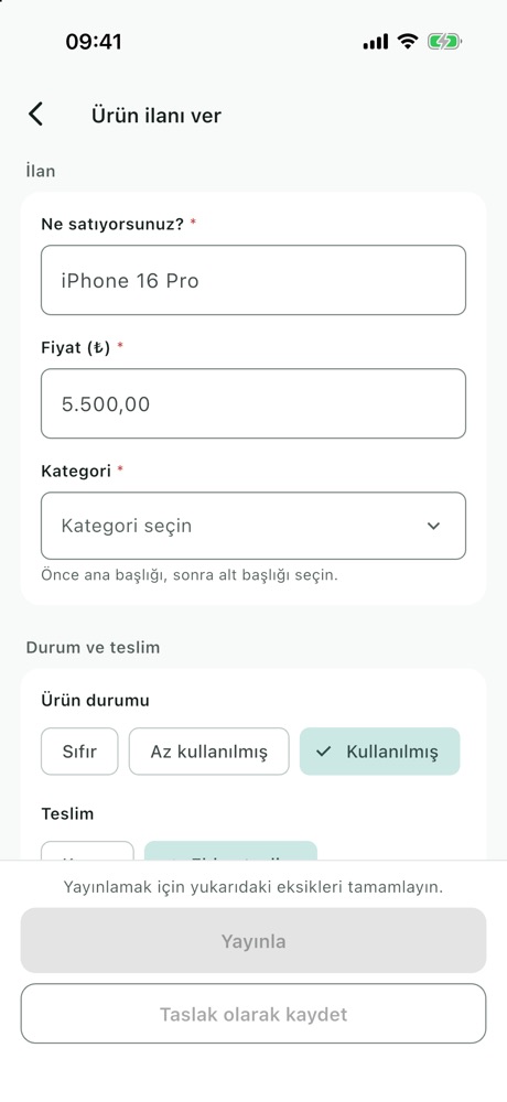Ürün ilanı ver formu: Ne satıyorsunuz?, Fiyat, Kategori, Ürün durumu ve Teslim